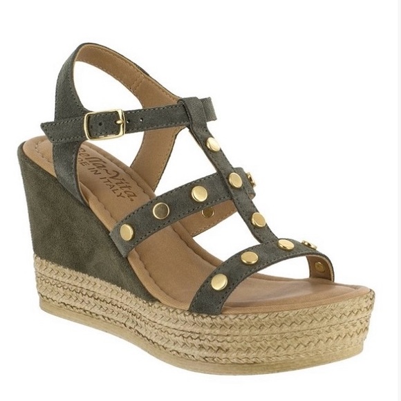 Bella Vita Shoes - Bella Vita Green Suede Wedge Sandal with Gold Studs Size 8WW NWOB